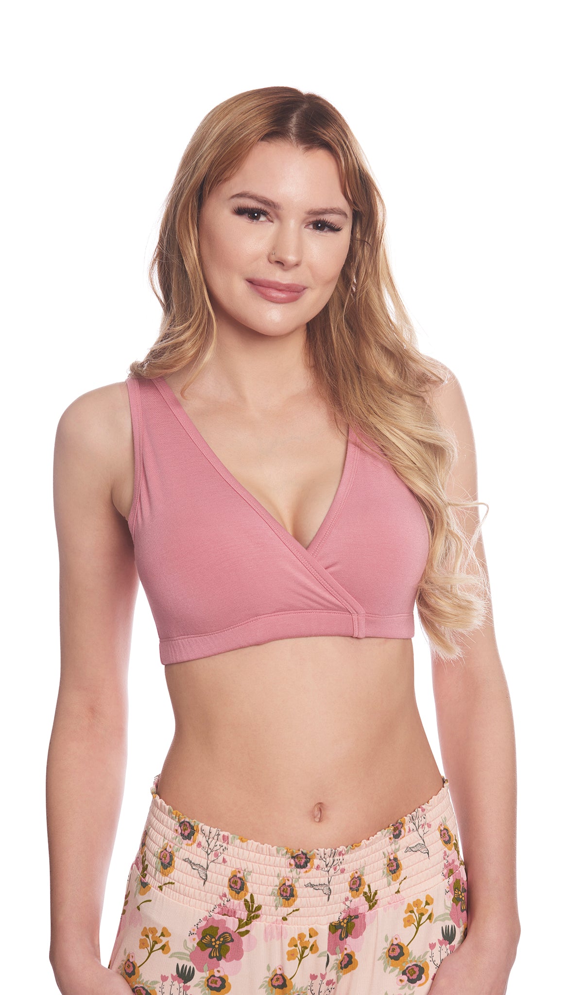 Camellia Paisley 3-Pack. Detail shot of woman wearing solid rose nursing bra with Camellia pant.