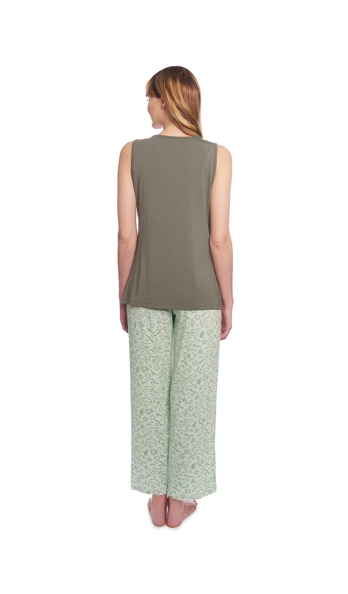 Sage Doodle Analise 3-Piece Set, back shot of woman wearing tank top and pant.