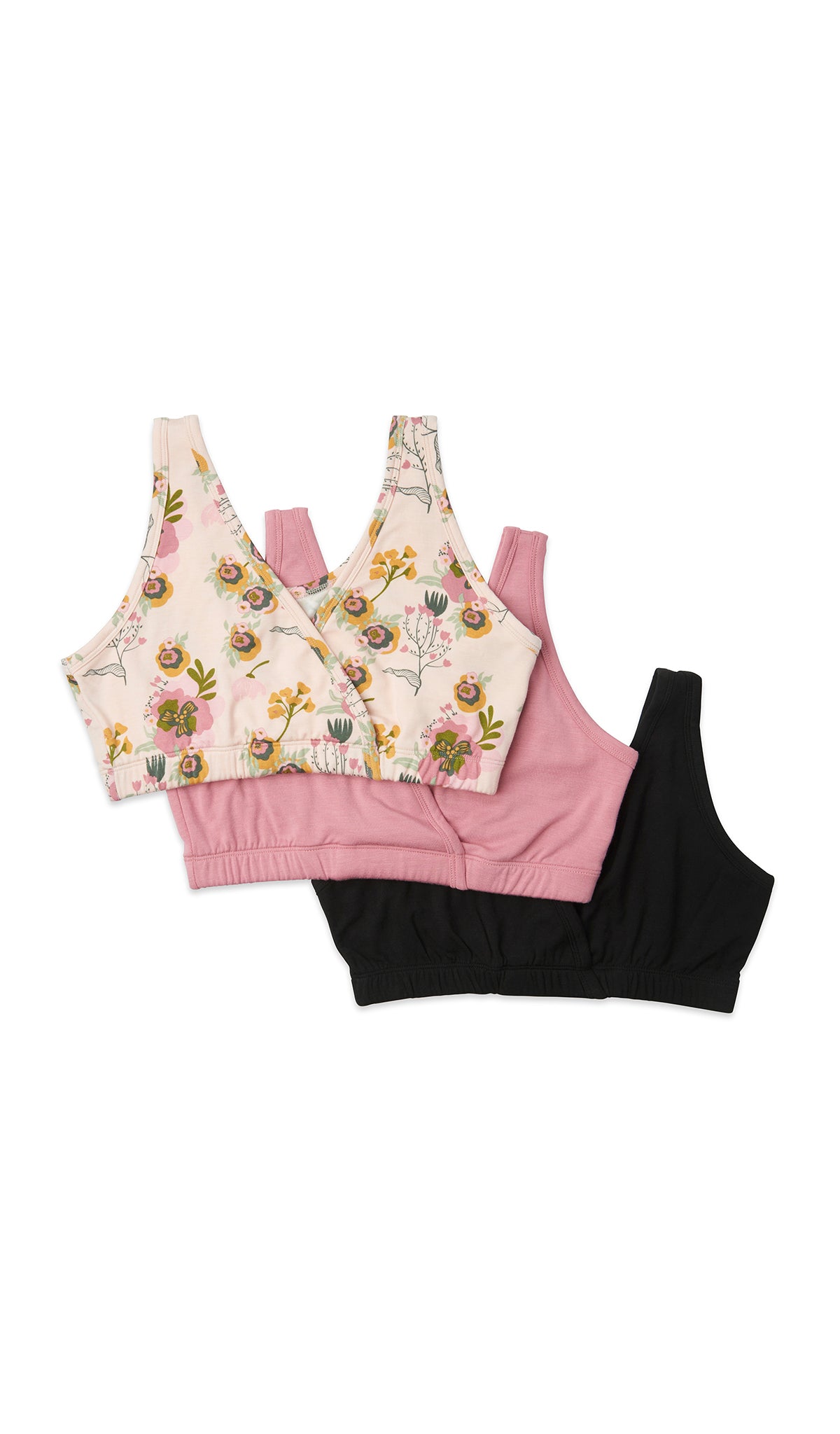 Camellia Paisley 3-Pack flat shot of Camellia bra, Rose bra, and Black bra.