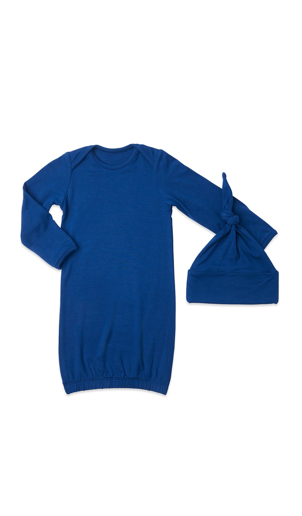 Denim Blue Analise 5-Piece Set, gown and knotted hat for baby.