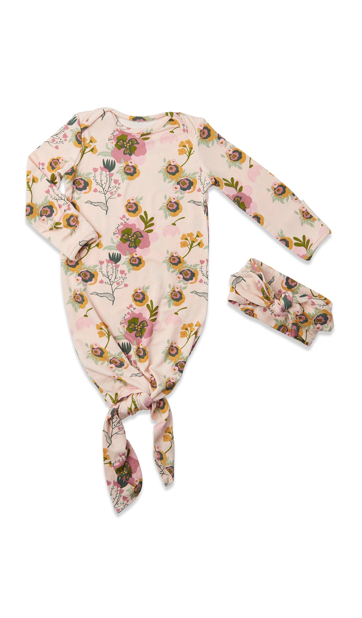 Camellia Knotted Gown 2-Piece flat shot showing long sleeve baby gown with hem tied into a tie-knot bow and matching headwrap.