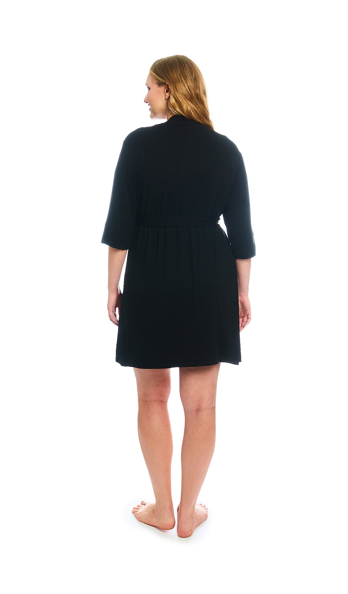 Black Elia 2-Piece Set, back shot of woman wearing 3/4 sleeve robe.