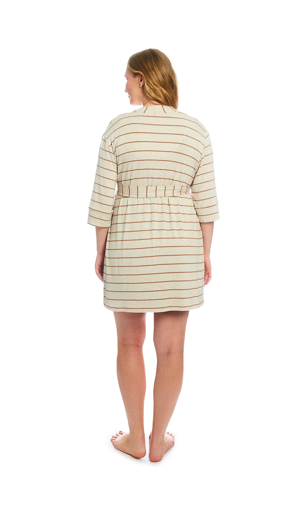 Mocha Stripe Carolyn 4-Piece Set, back shot of woman wearing 3/4 sleeve robe.