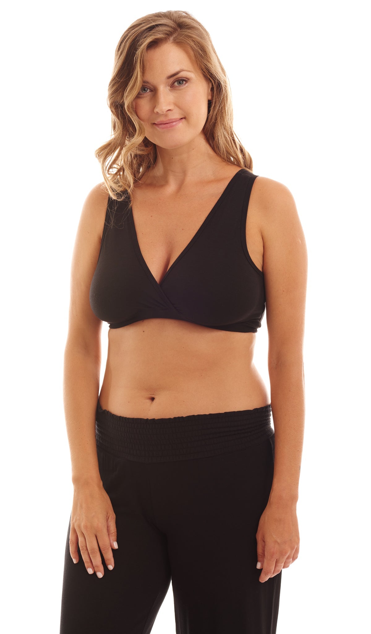 Begonia Paisley 3-Pack. Detail shot of woman wearing solid Black nursing bra.