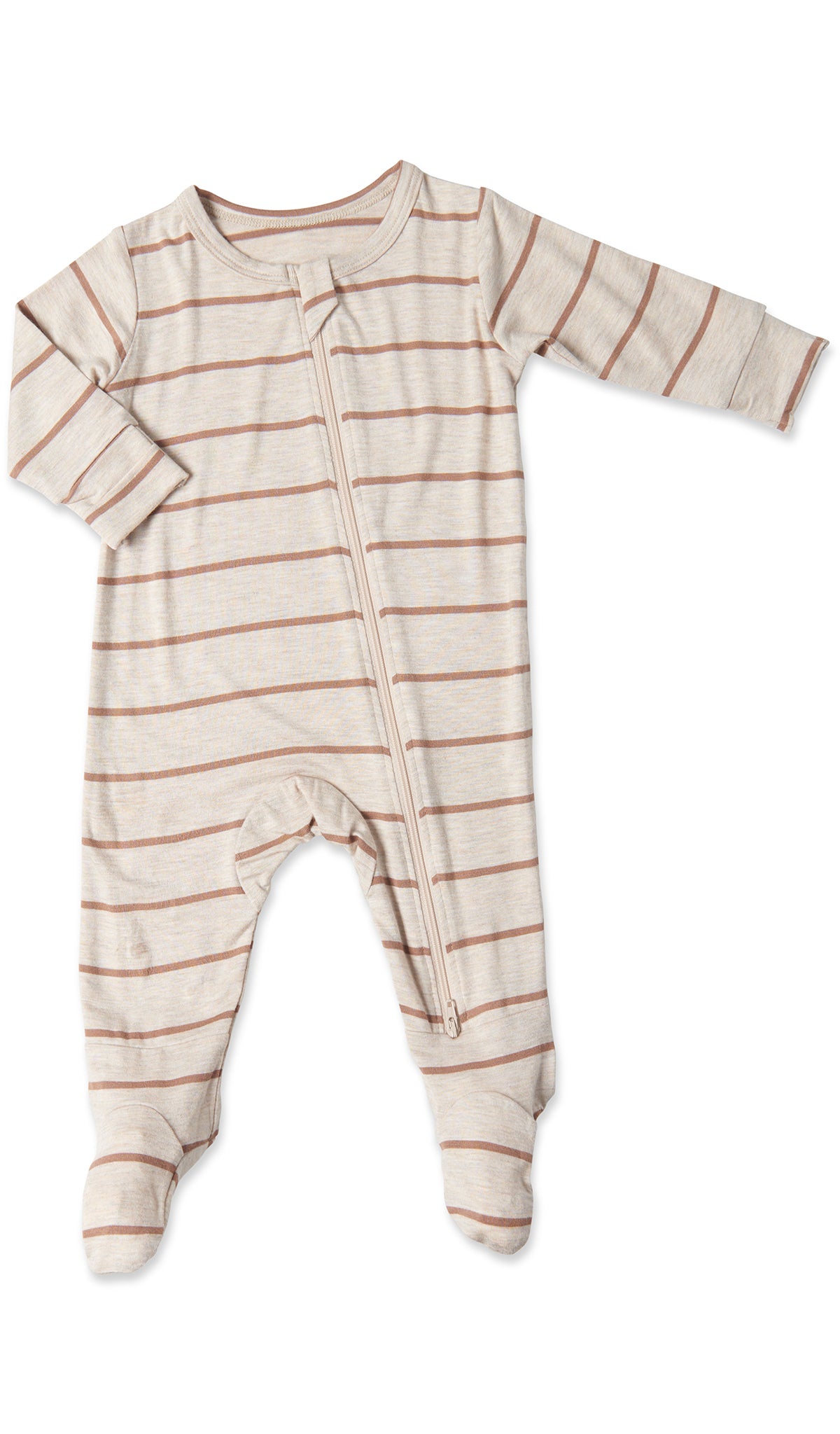 Mocha Stripe Footie with long sleeves and zip front.