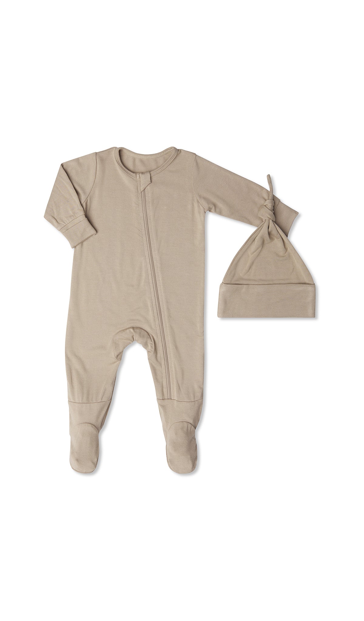 Latte Footie 2-Piece with long sleeves, zip front and matching knotted baby hat.