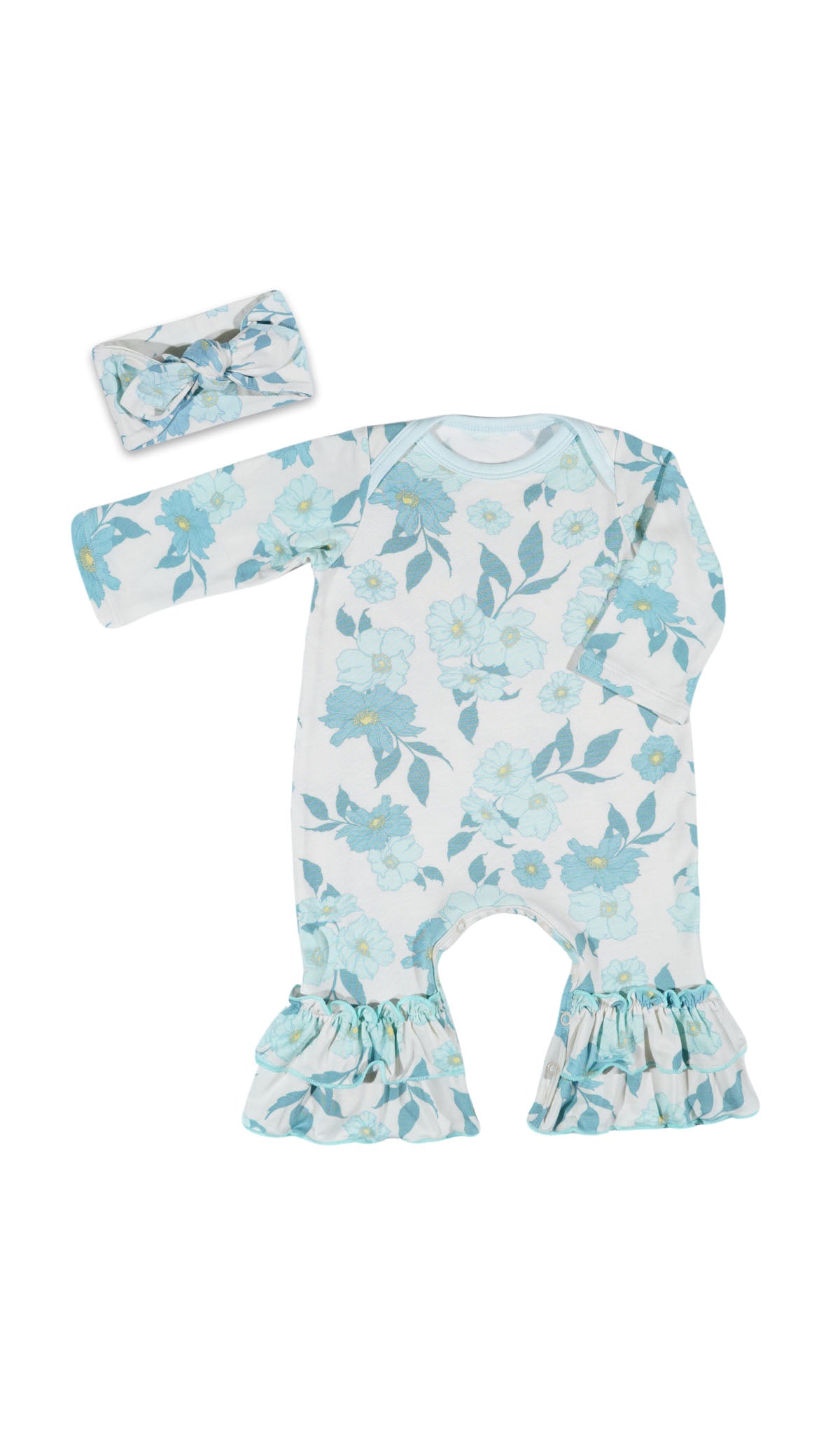 Periwinkle Ruffle Romper 2-Piece. Flat shot of long sleeve romper with ruffles on legs and matching headwrap.
