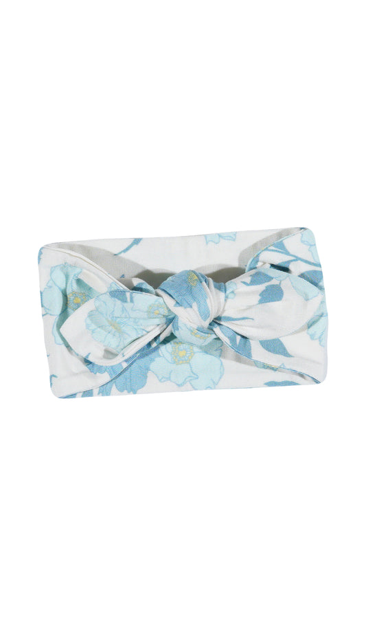 Periwinkle Baby/Kids Headwrap. Flat shot with headwrap tied into a tie-knot bow.