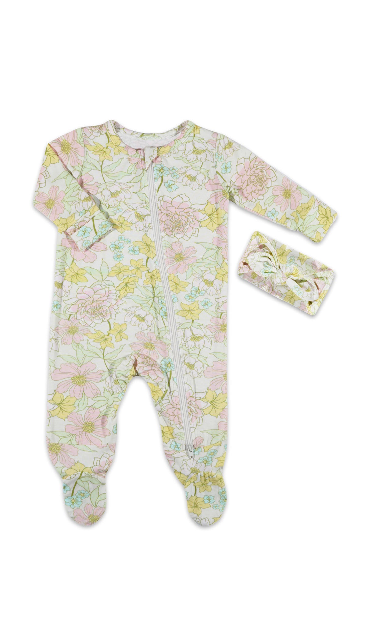 Begonia Footie 2-Piece Set. Flat shot of zip front footie for baby with matching headwrap tied into a tie-knot bow.