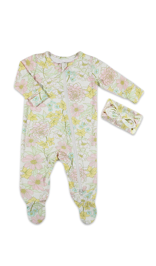 Begonia Footie 2-Piece Set. Flat shot of zip front footie for baby with matching headwrap tied into a tie-knot bow.