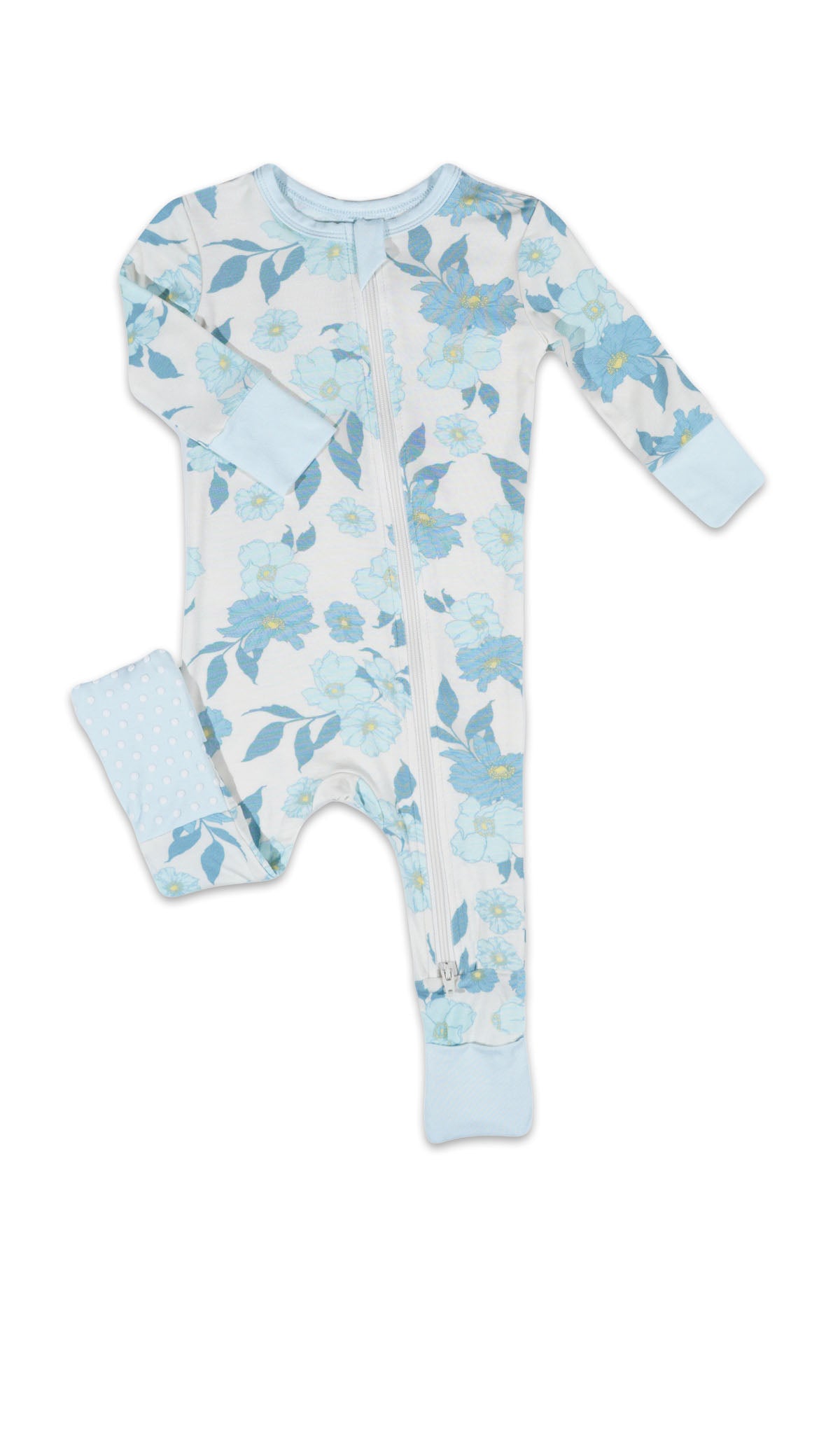 Periwinkle Convertible Romper with long sleeves and zip front, one leg folded back to show the grippy sole on the footie.