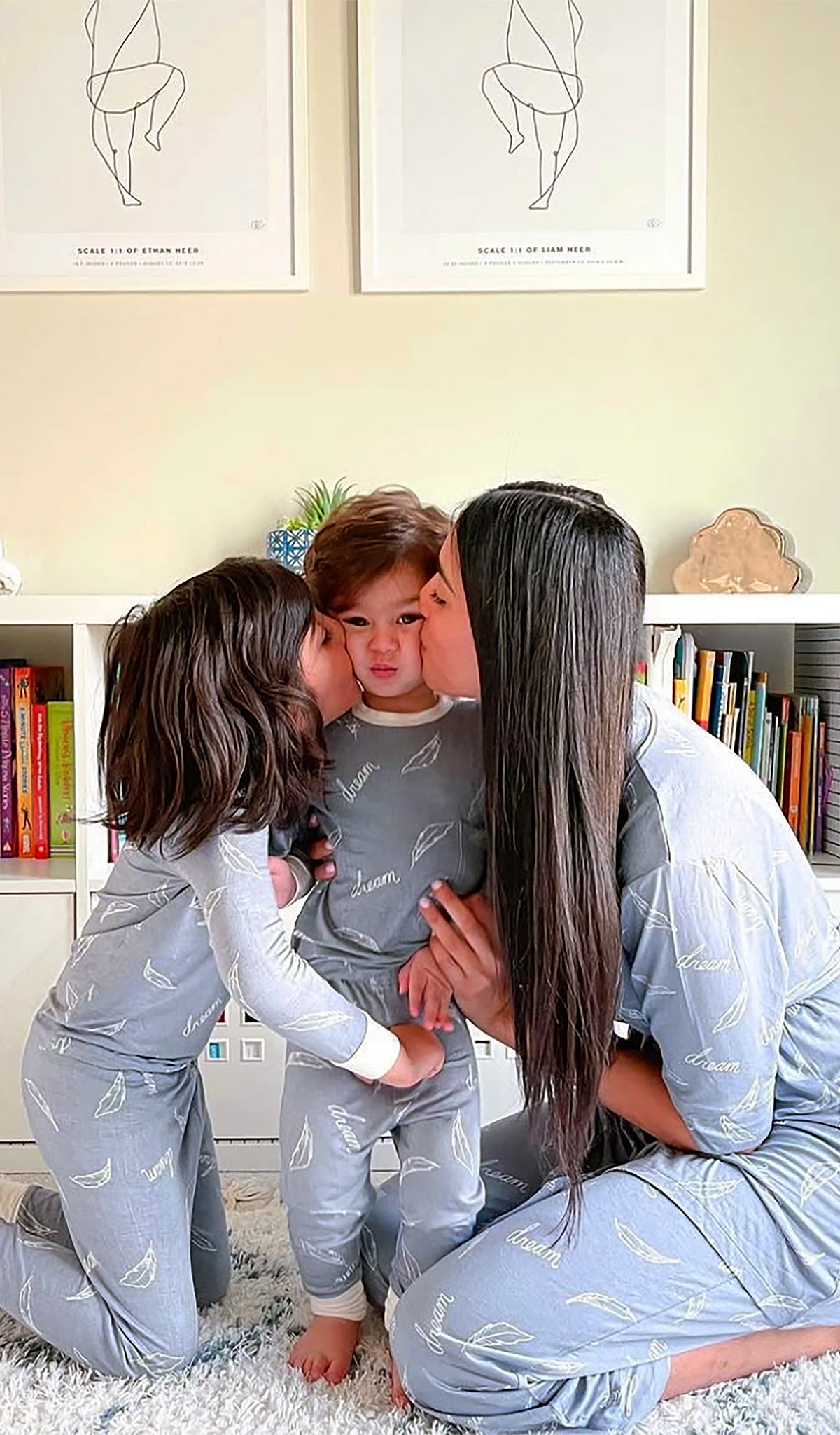 Dream Emerson Kids 2-Piece Pant PJ worn by little boy and his baby brother. Mom is wearing matching print PJs.