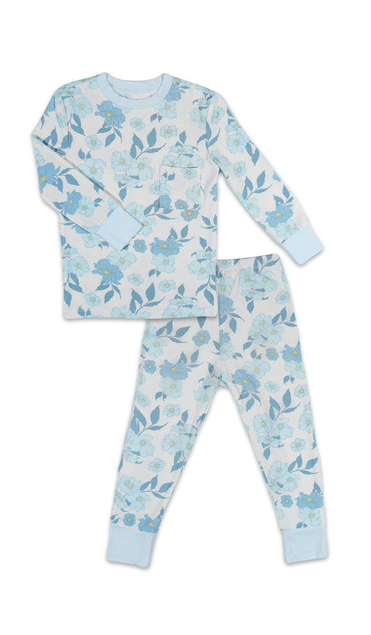 Periwinkle Emerson Kids 2-Piece Pant PJ. Long sleeve top with cuff trim and long pant with cuff trim.