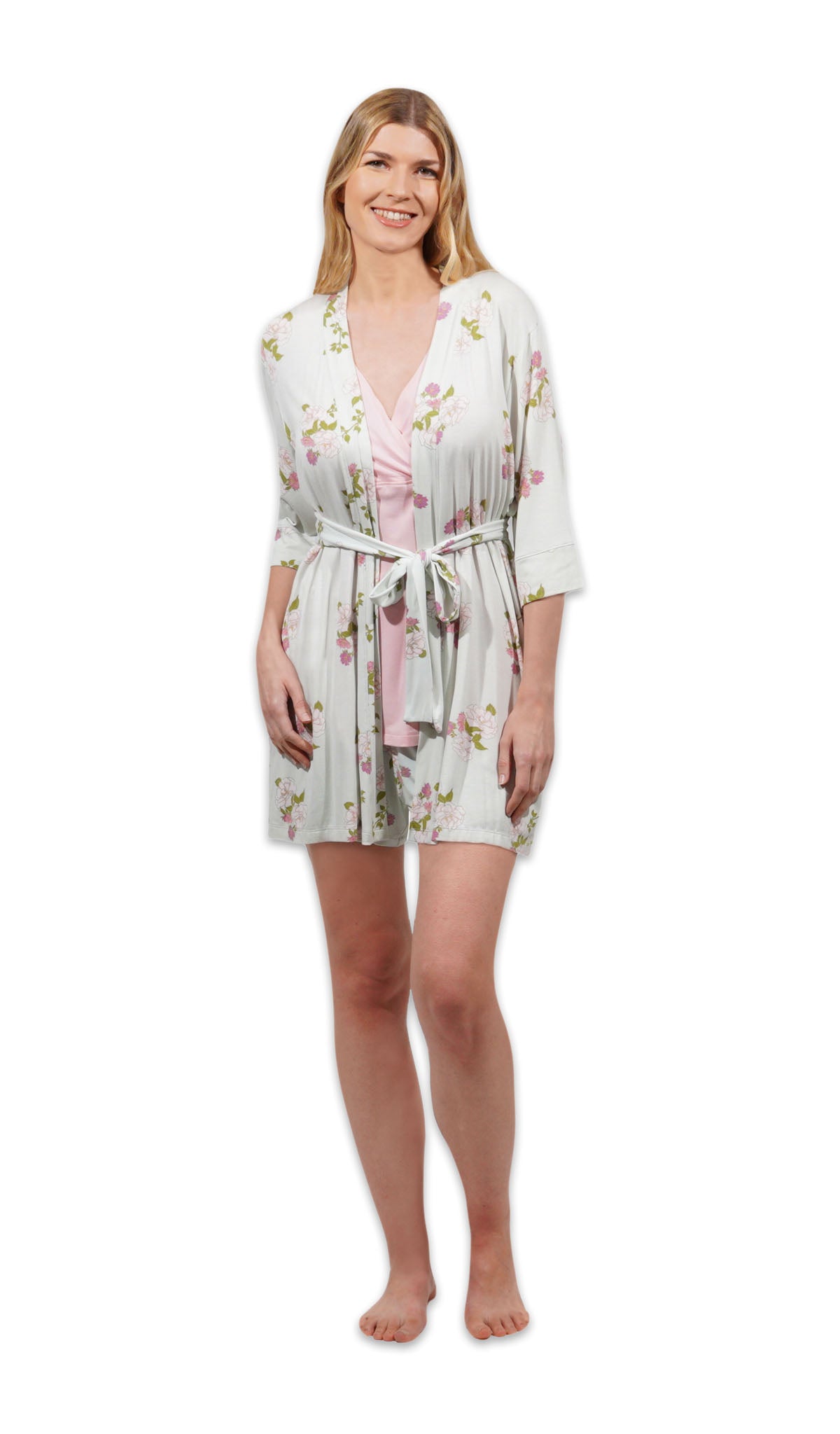 Peony Adaline 3-Piece Set. Woman wearing 3/4 sleeve robe, tank top and short as non-maternity.