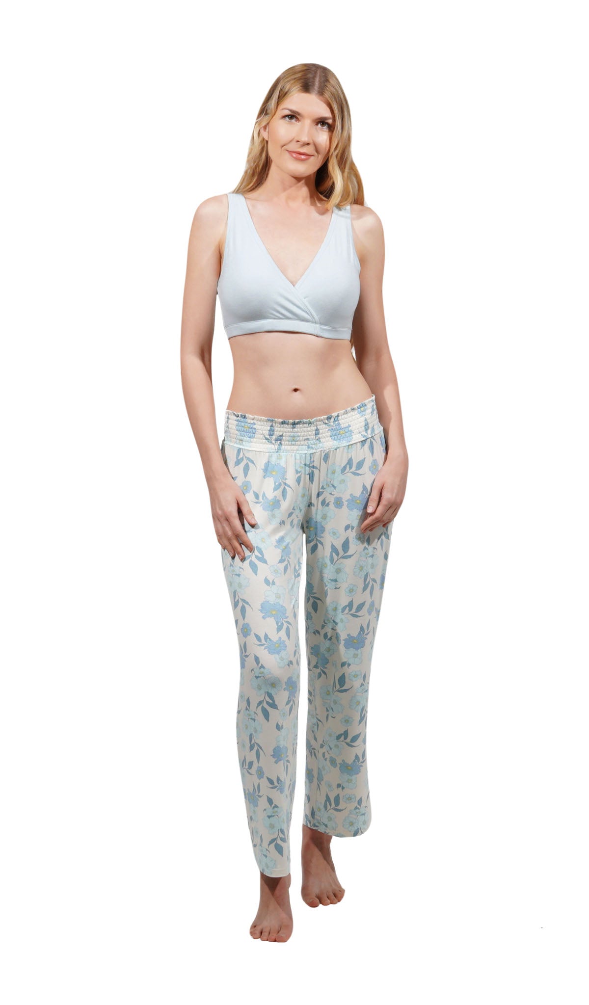 Periwinkle Paisley 3-Pack. Detail shot of woman wearing Whispering Blue solidnt bra and Periwinkle print pant.