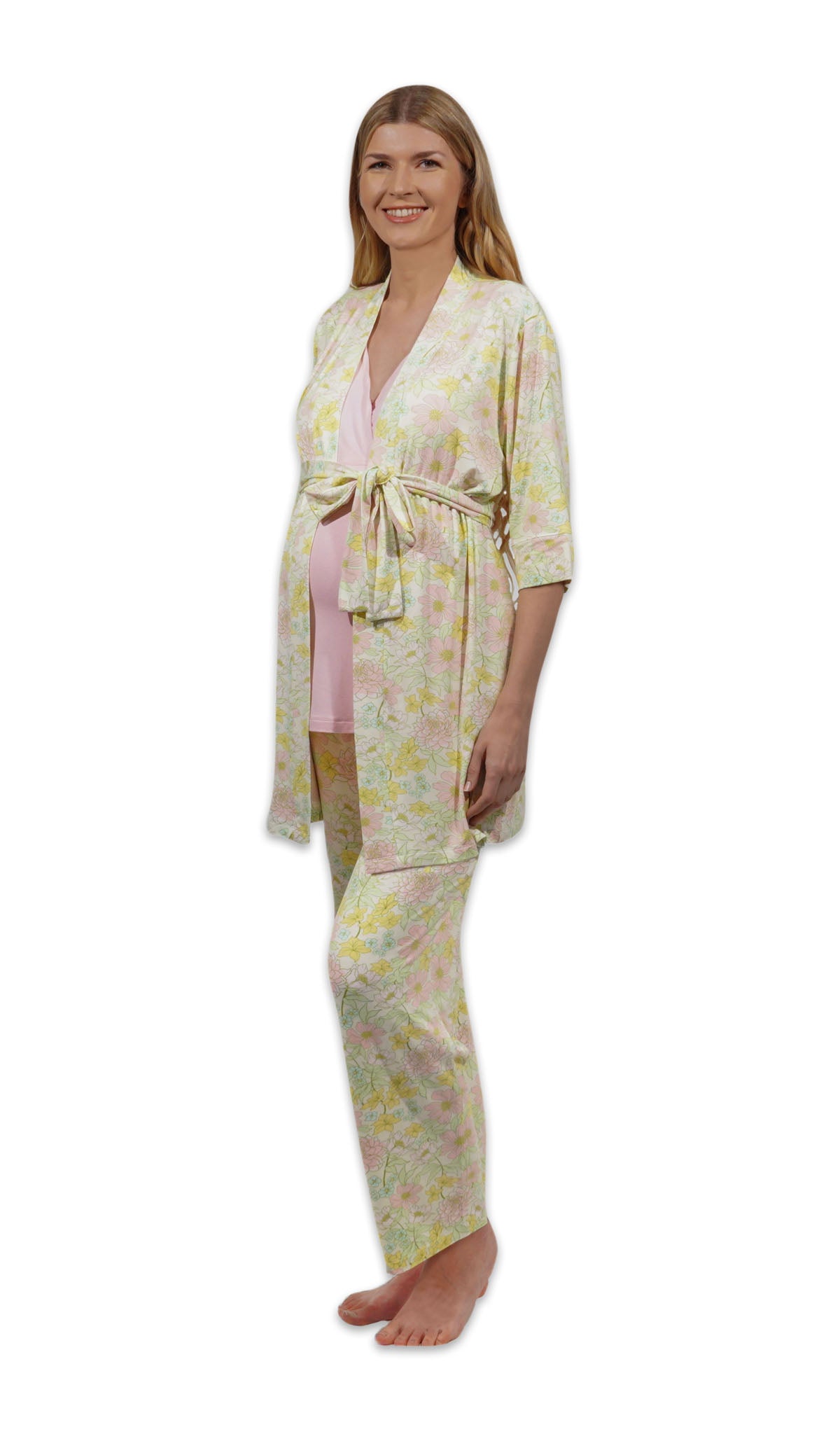 Begonia Analise 3-Piece Set. Pregnant woman wearing 3/4 sleeve robe, tank top and pant with hand resting at side.