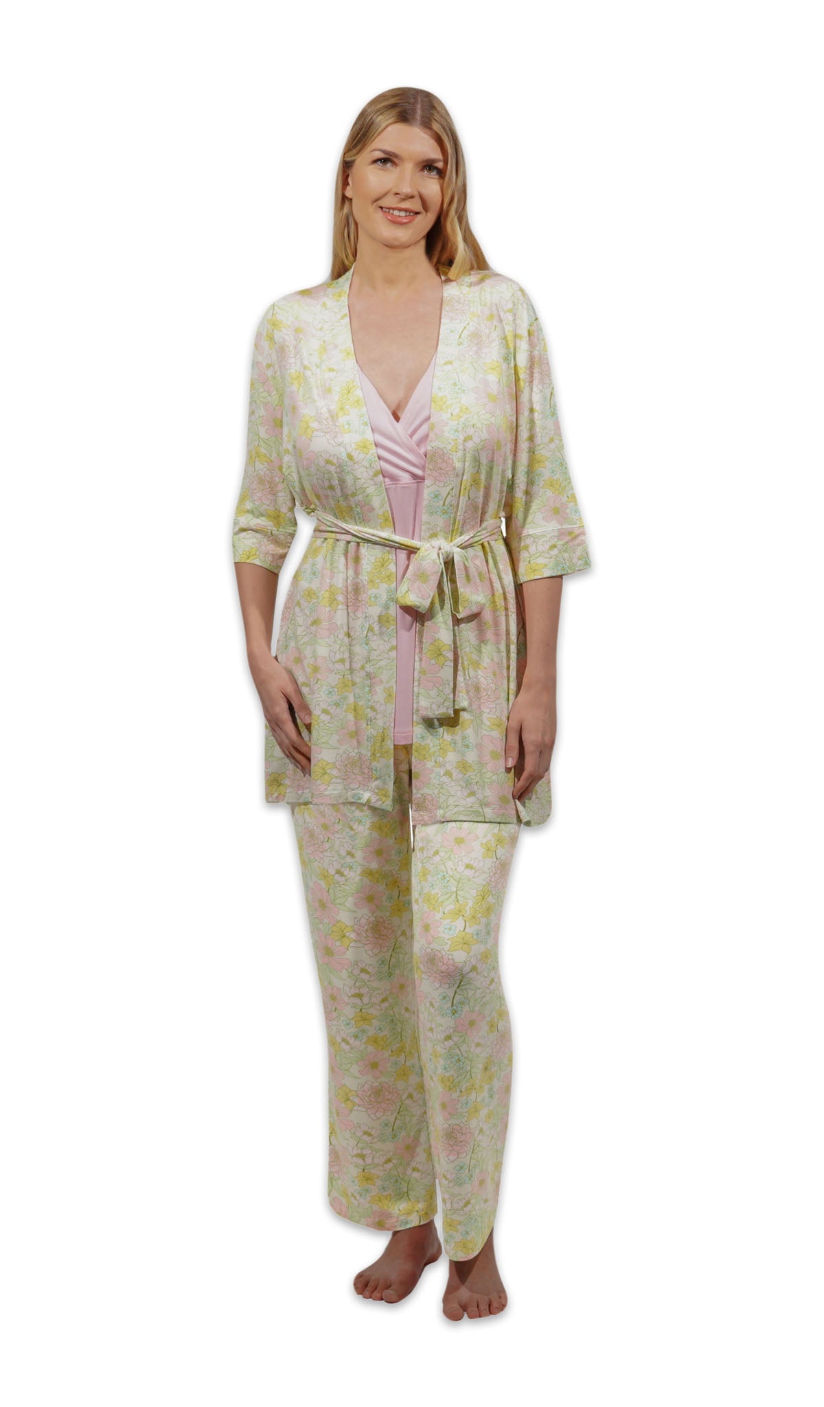 Begonia Analise 3-Piece Set. Woman wearing 3/4 sleeve robe, tank top and pant as non-maternity hands at side.