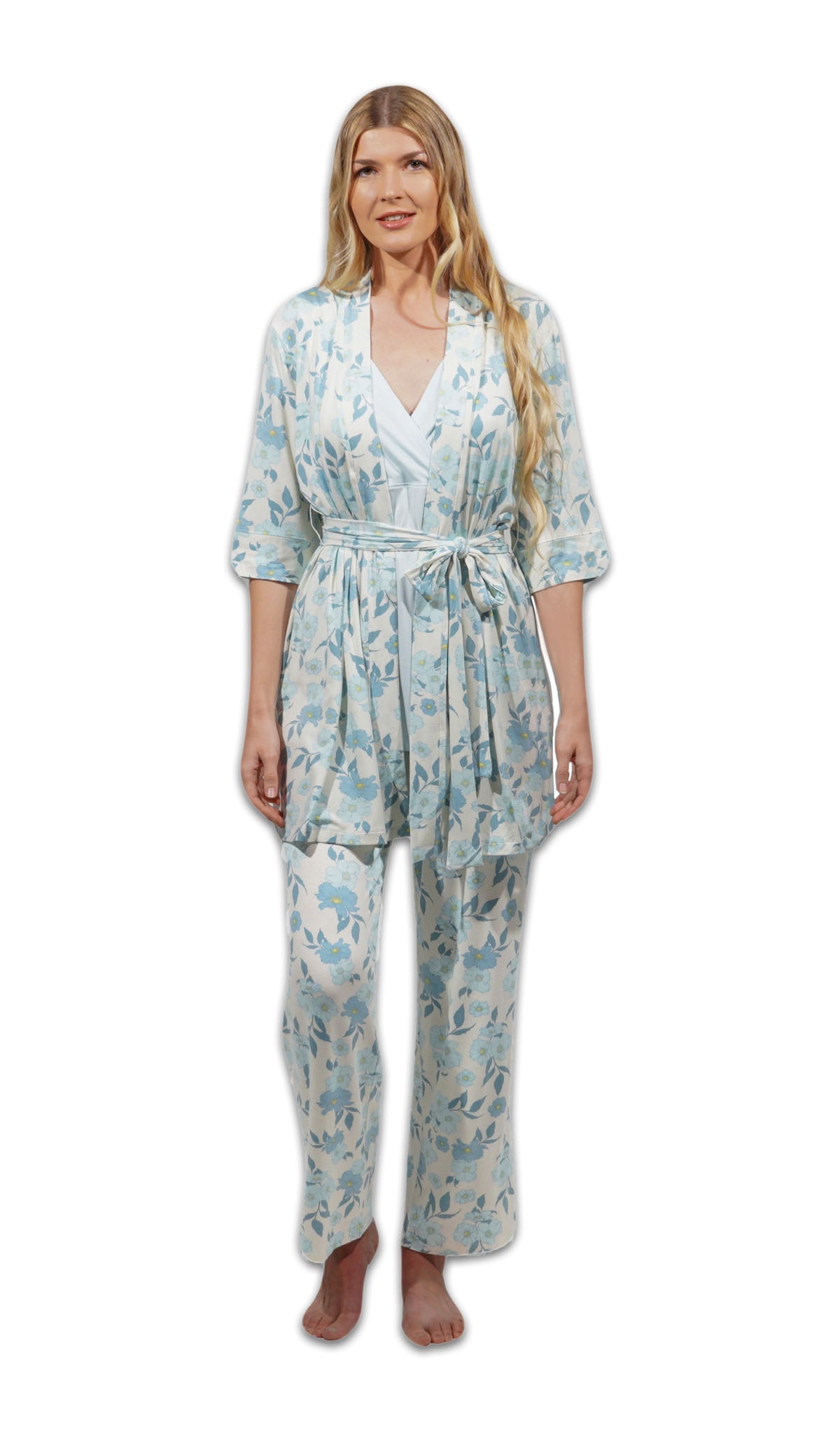 Periwinkle Analise 3-Piece Set. Woman wearing 3/4 sleeve robe, tank top and pant as non-maternity with arms to side.