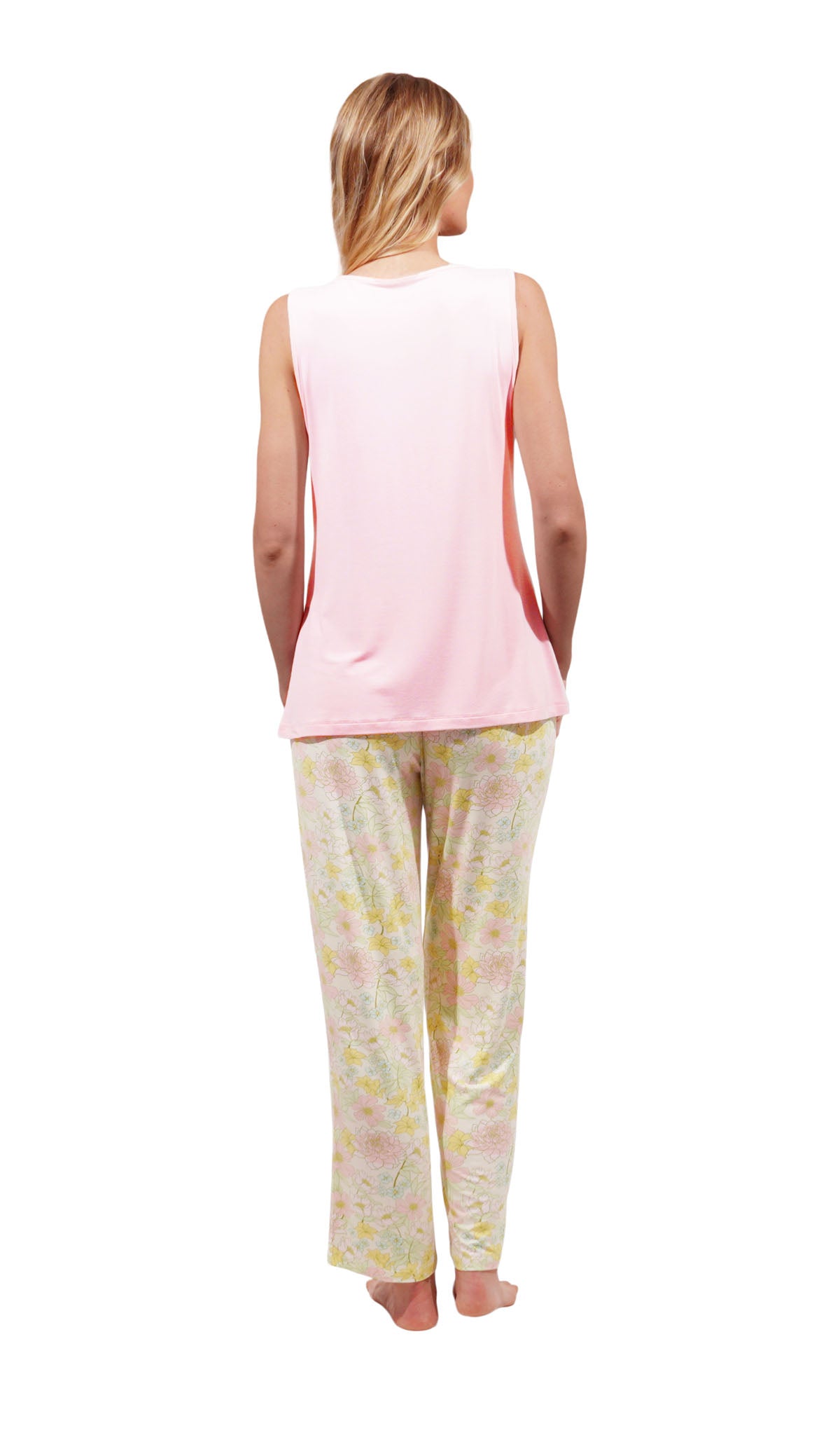 Begonia Analise 3-Piece Set, back shot of woman wearing tank top and pant.