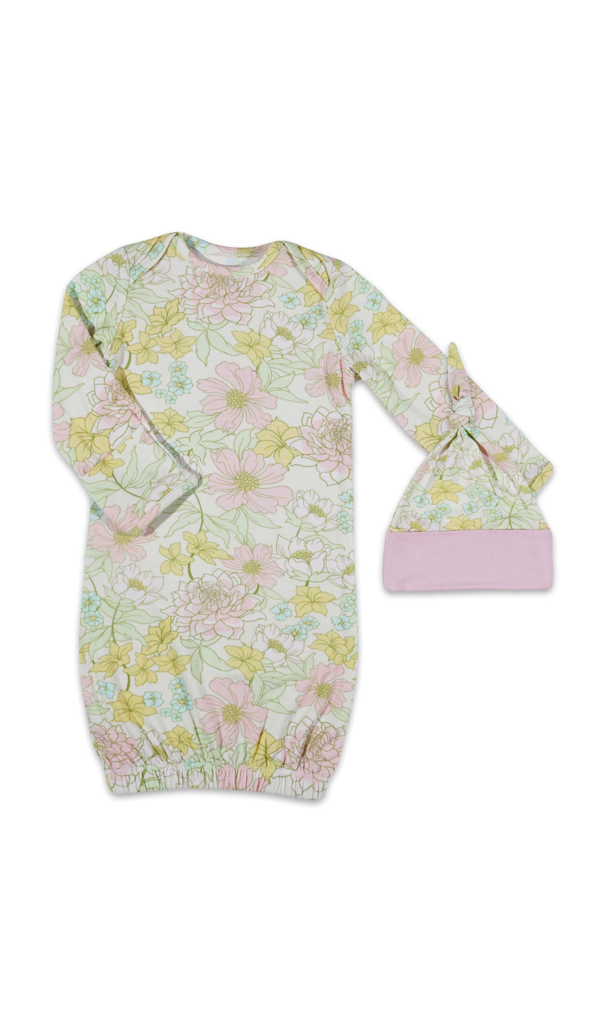 Floral yellow and pink printed baby gown with matching knotted baby hat.