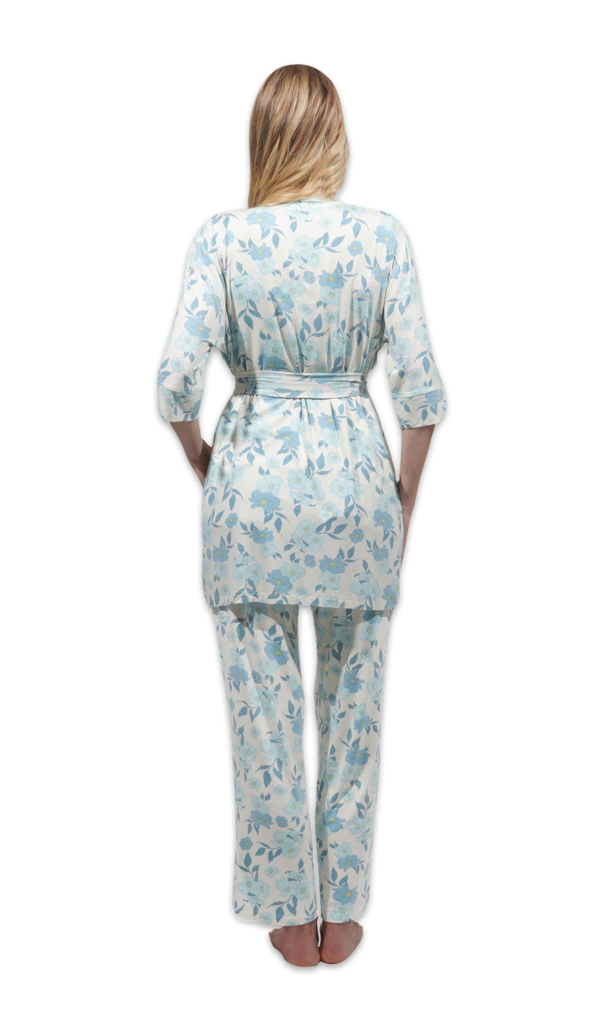 Periwinkle Analise 3-Piece Set, back shot of woman wearing robe and pant.