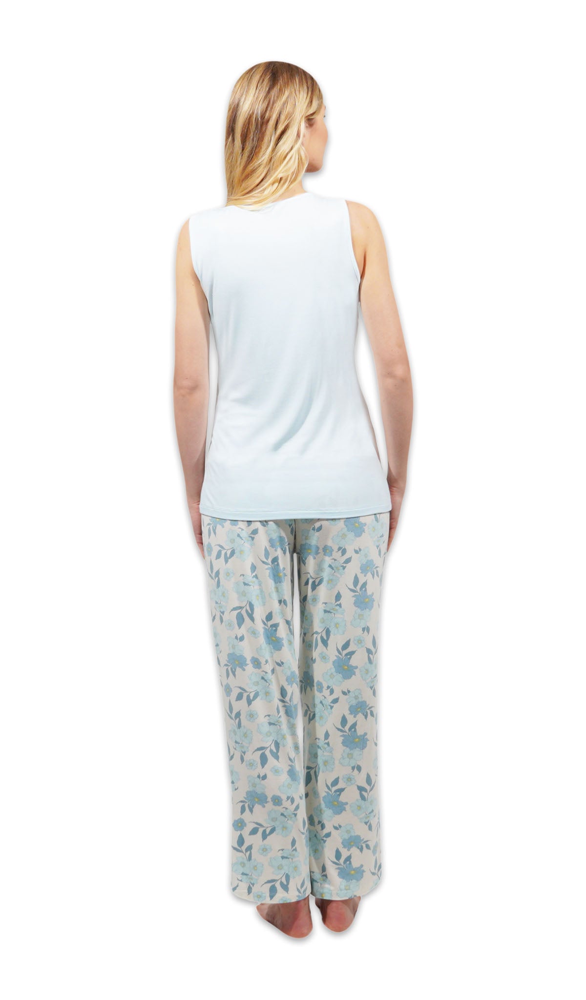 Periwinkle Analise 3-Piece Set, back shot of woman wearing tank top and pant.