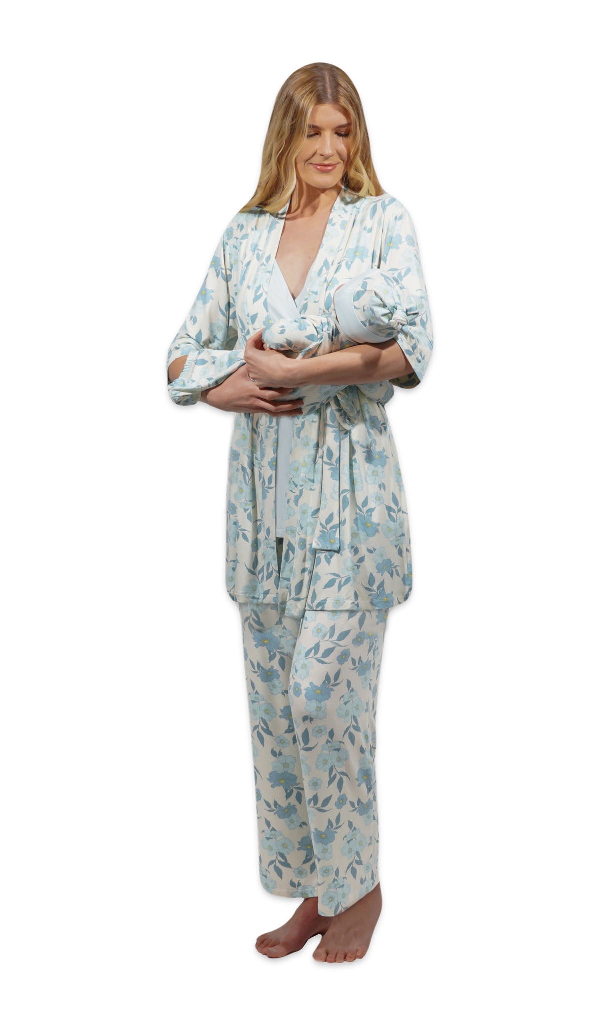 Periwinkle Analise 5-Piece Set. Woman wearing 3/4 sleeve robe, tank top and pant while holding a baby wearing baby gown and knotted baby hat.