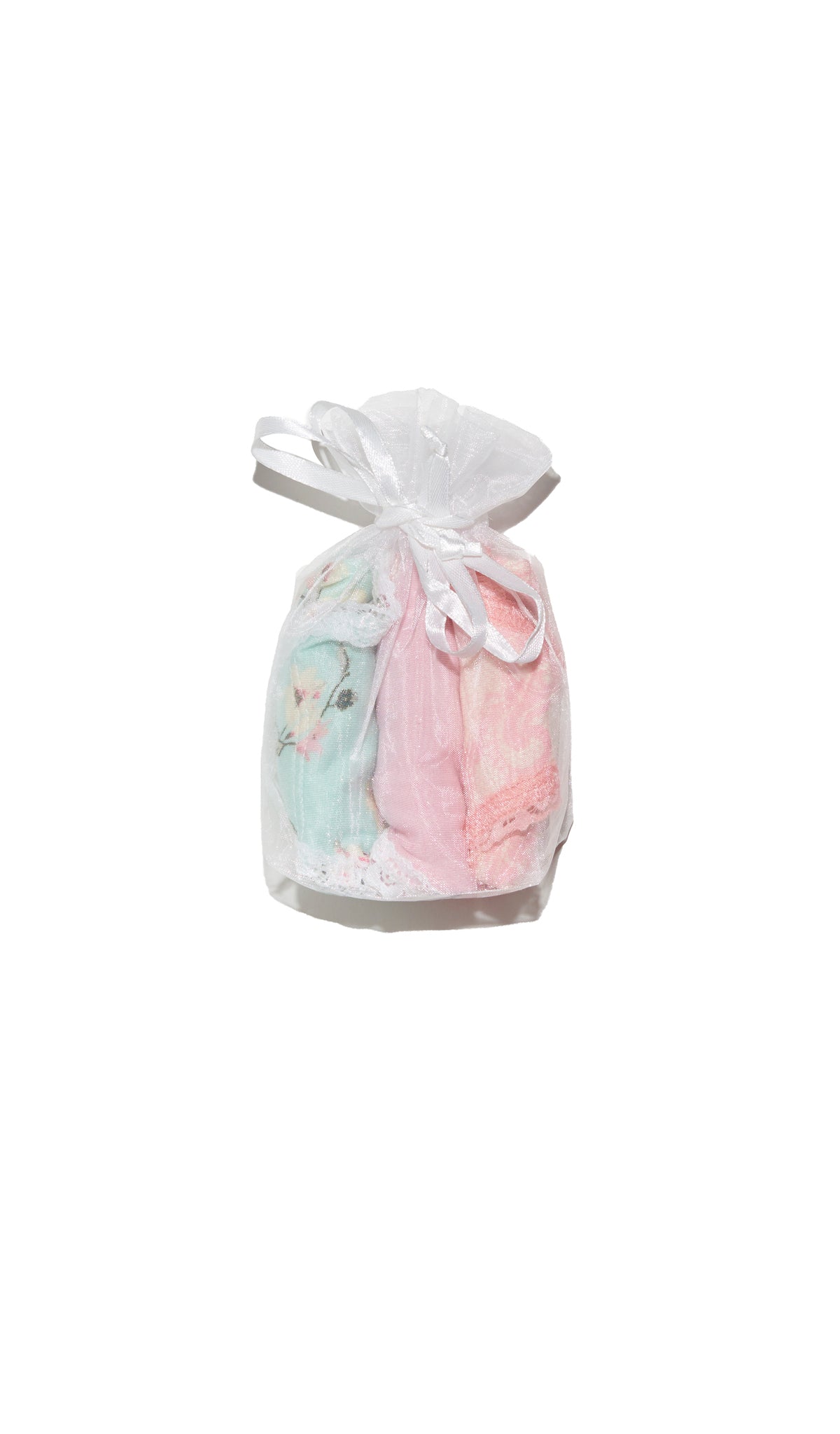 Cloud Blue Kayla Kids 3-Pack Underwear product shot showing Cloud Blue print, solid blush pink, and pink chantilly print underwear rolled up and packaged in organza drawstring gift bag.