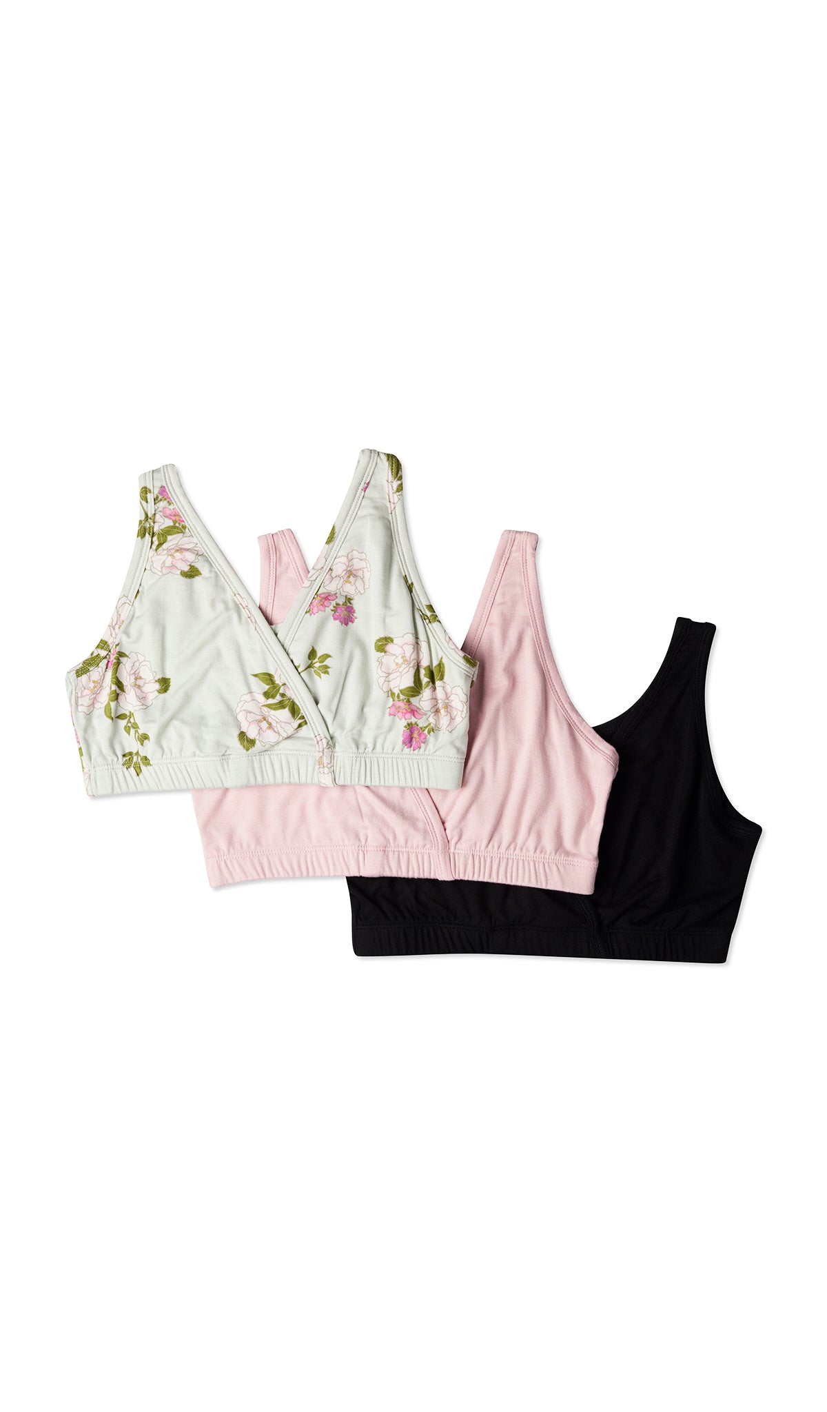 Peony Paisley 3-Pack flat shot of Peony bra, Pink bra, and Black bra.
