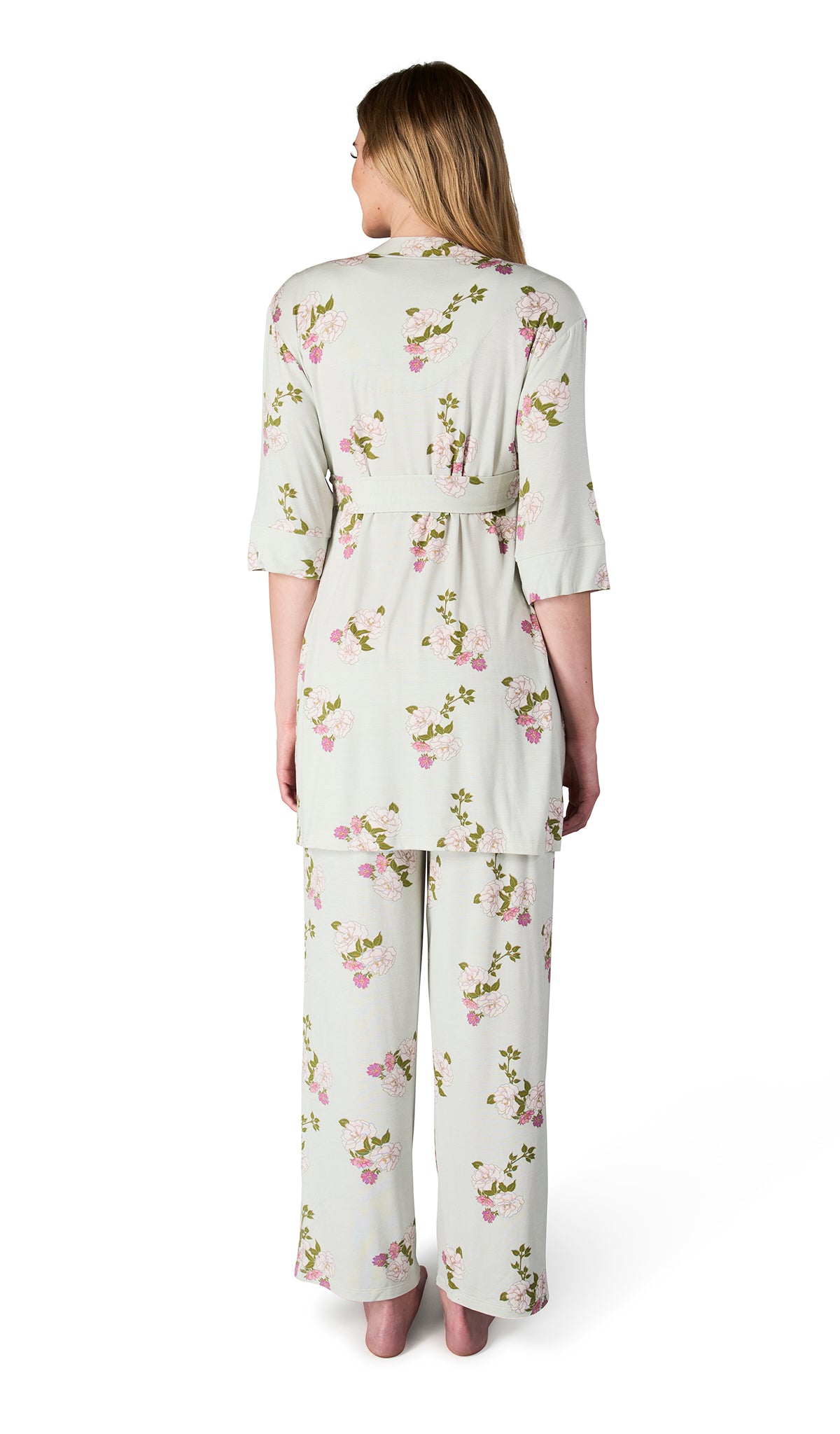 Peony Analise 5-Piece Set, back shot of woman wearing robe and pant.