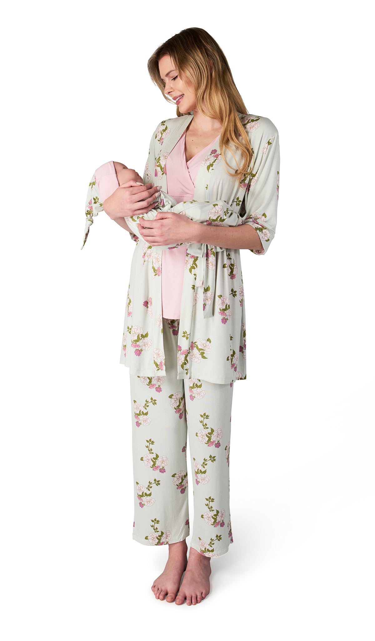 Peony Analise 5-Piece Set. Woman wearing 3/4 sleeve robe, tank top and pant while holding a baby wearing baby gown and knotted baby hat.