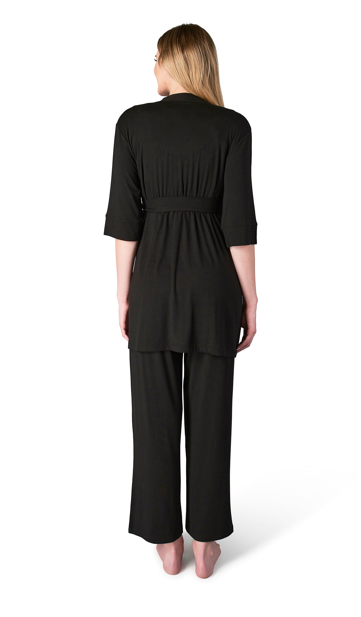 Black Analise 3-Piece Set, back shot of woman wearing robe and pant.