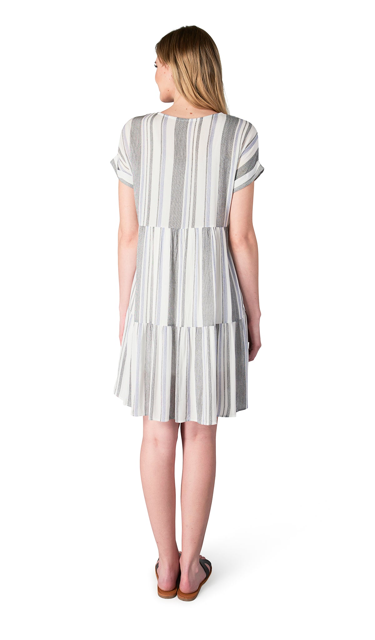 Black/Royal Micaela back shot of dress worn by woman.