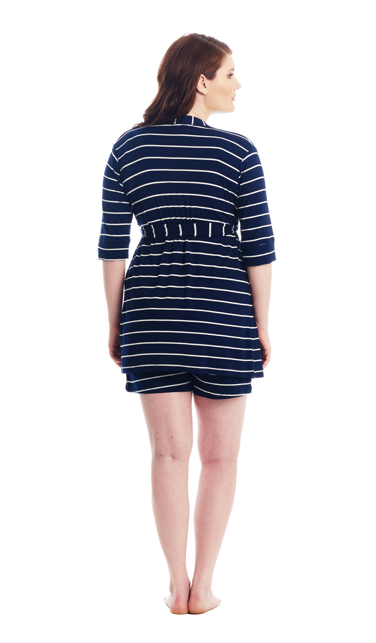 Navy Stripe Adaline 3-Piece Set, back shot of woman wearing robe and short.