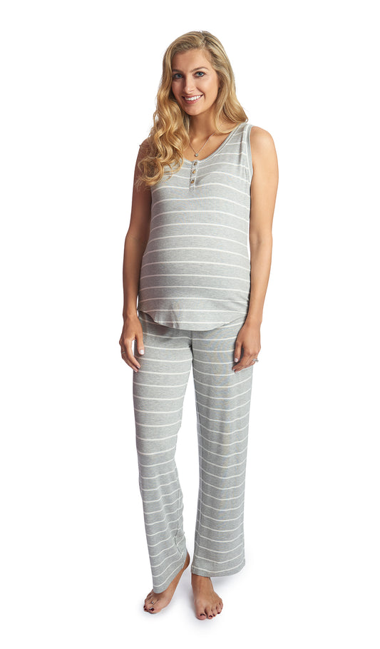 Heather Grey Joy 2-Piece Set. Pregnant woman wearing button front placket tank top and pant.