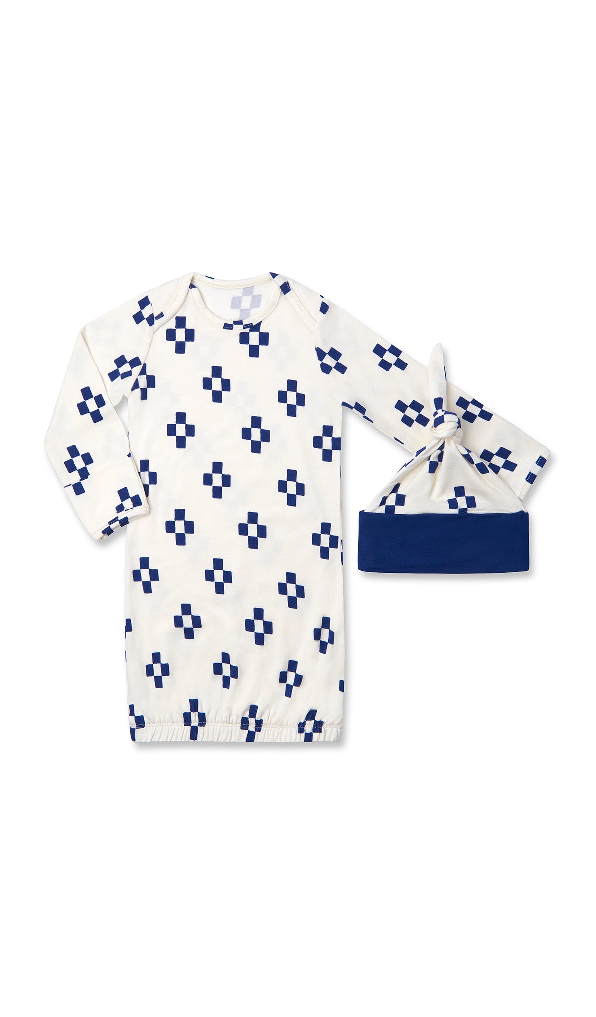 Geo Gown 2-Piece with long sleeve baby gown and matching knotted hat.