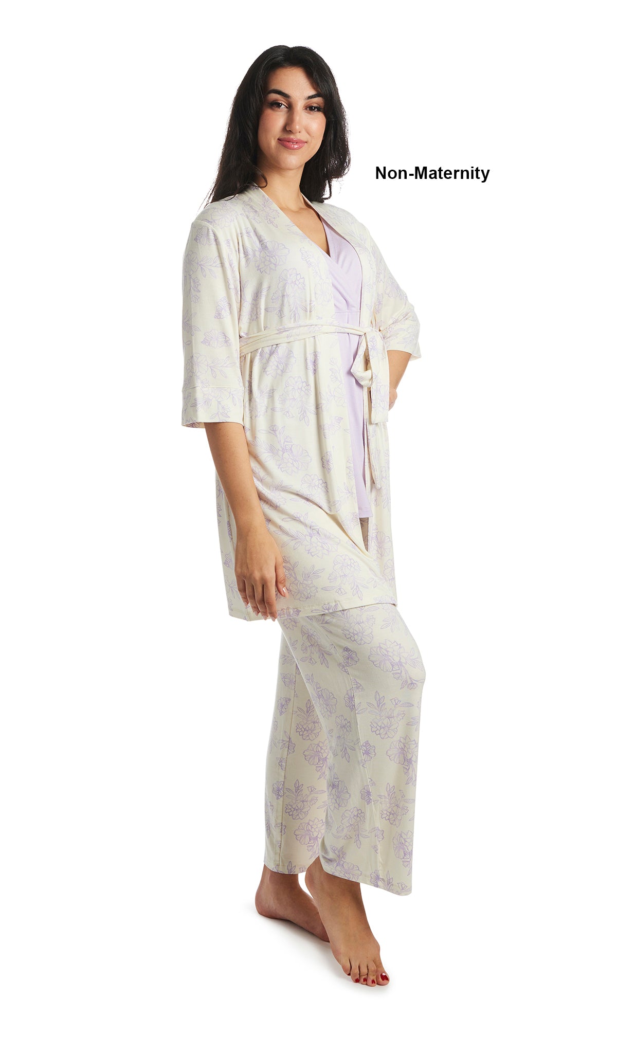 Bali Analise 3-Piece Set. Woman with hand on hip, wearing 3/4 sleeve robe, tank top and pant as non-maternity.
