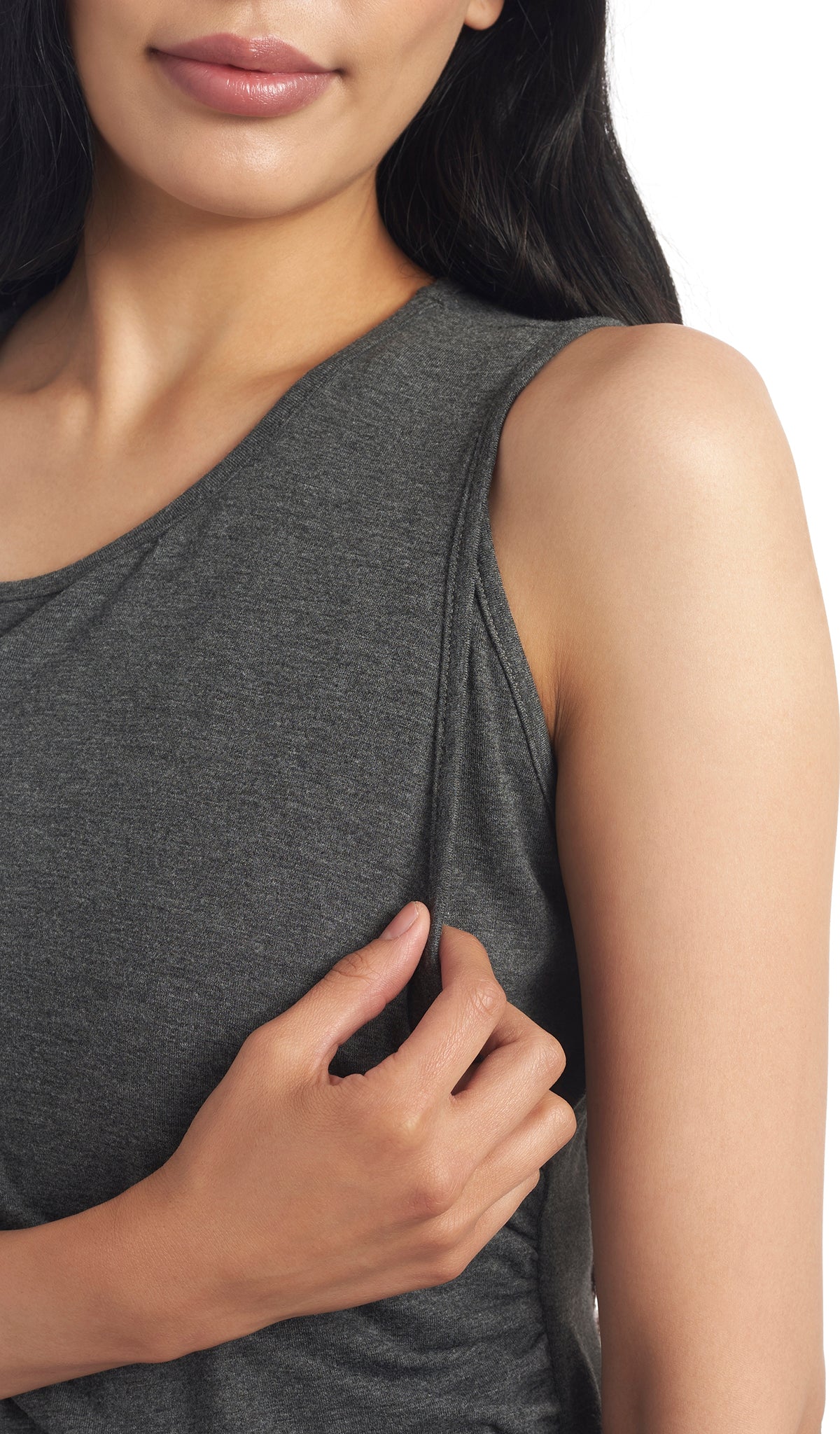 Charcoal Tamara dress detail shot of woman pulling aside top front armhole panel to access nursing opening.