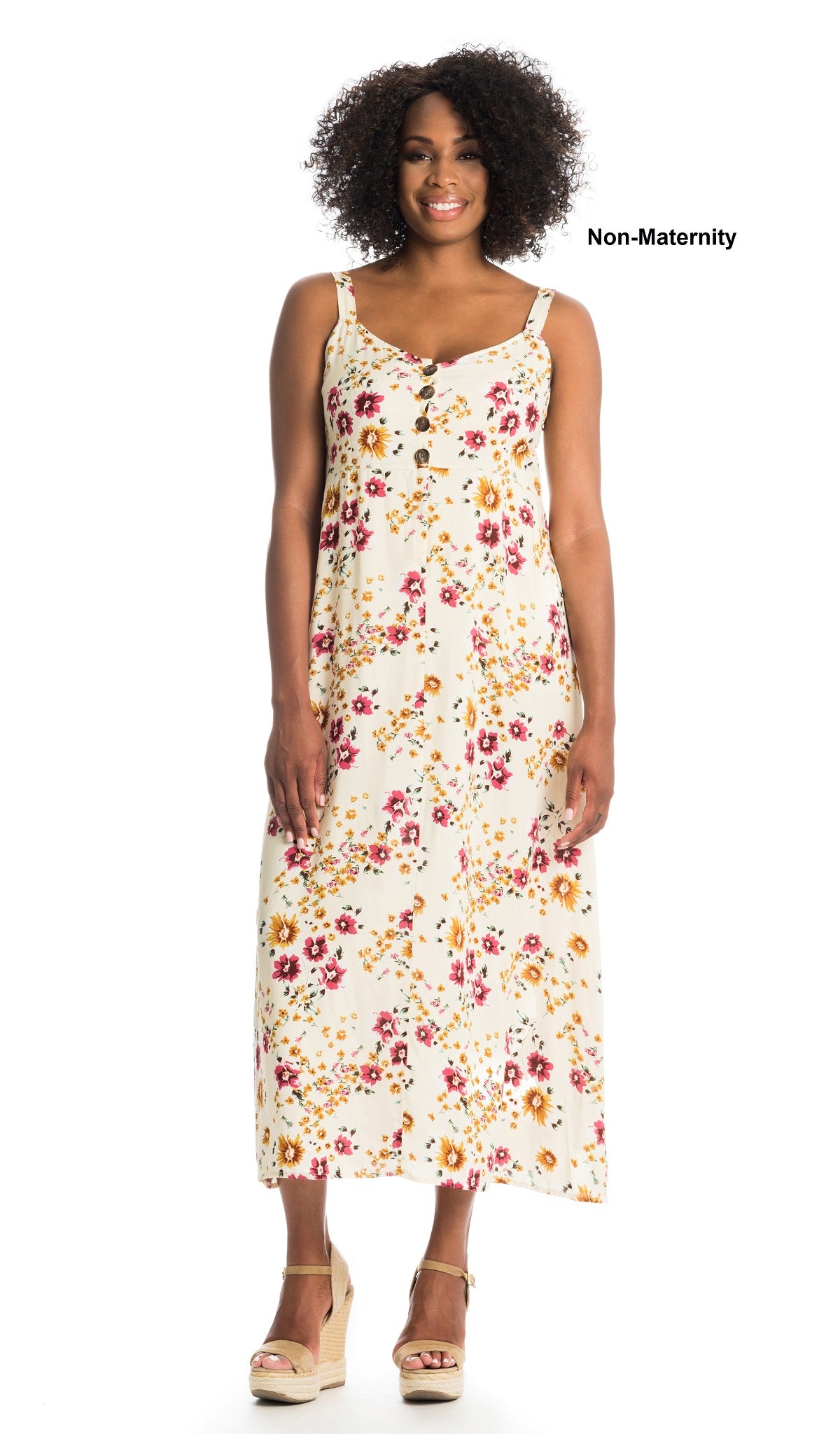 Vintage Floral Savannah dress worn as non-pregnant style by woman wearing sandal wedge heels.