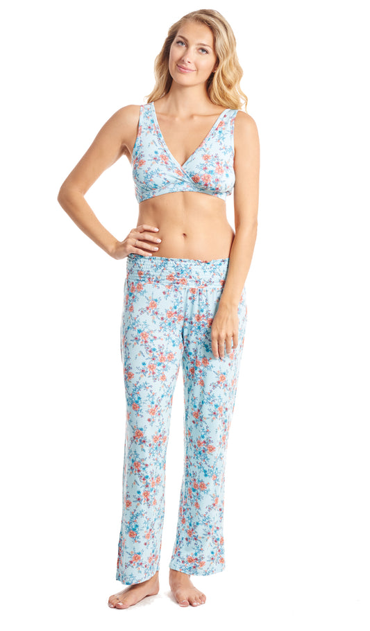 Azure Mist Paisley Single Bra. Detail shot of woman wearing Azure Mist print bra and matching pant.