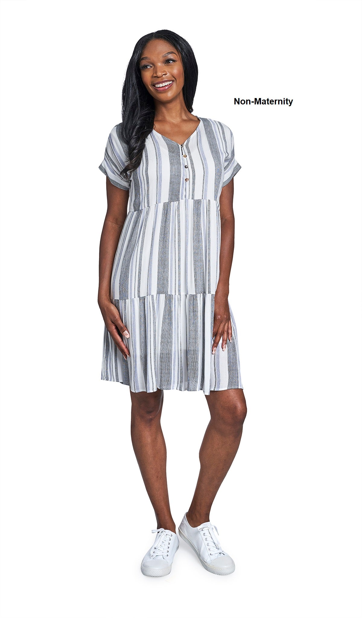 Black/Royal Micaela dress worn by woman as non-maternity style.