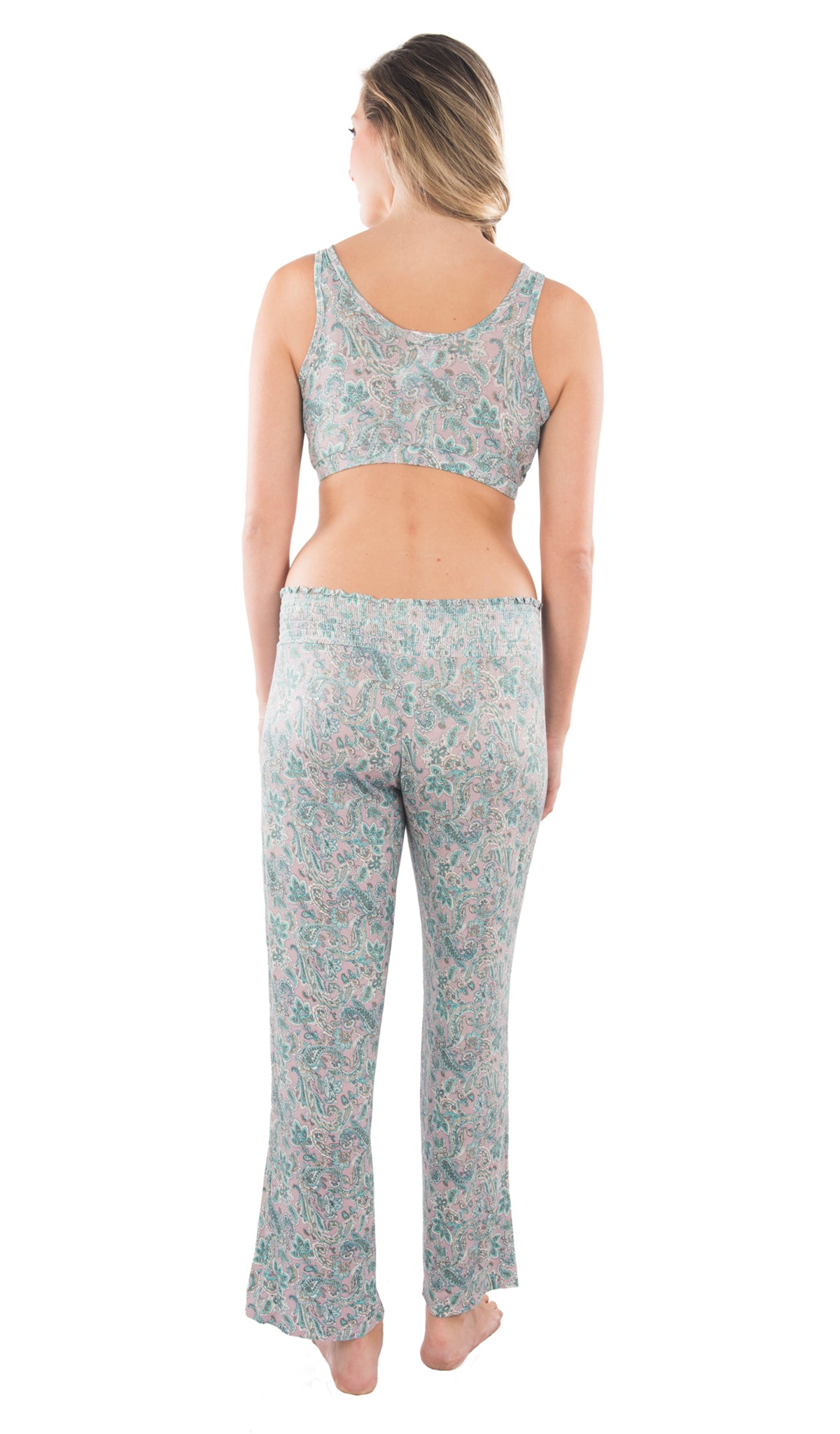 Paisley print Paisley Single Bra. Detail back shot of woman wearing Paisley print bra and matching pant.