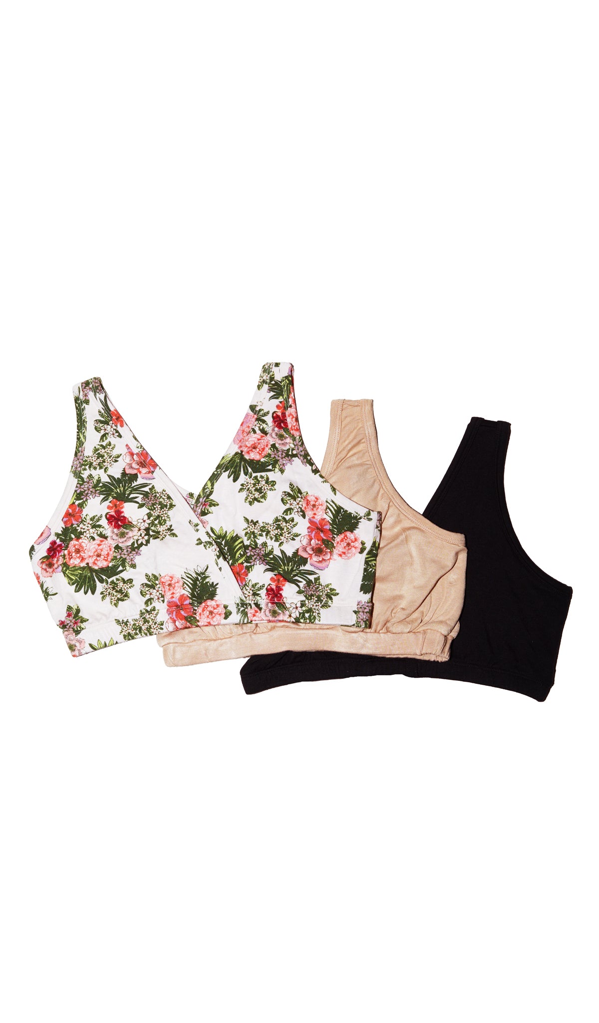 Beige Floral Paisley 3-Pack flat shot of Beige Floral bra, Nude bra, and Black bra.