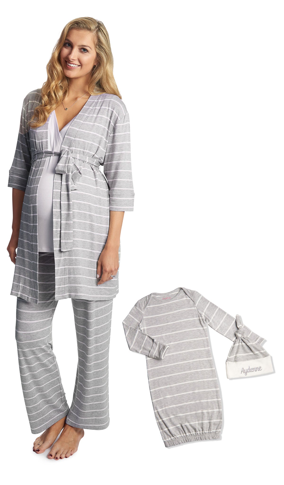 Heather grey personalized Analise 5-Piece Set. Woman wearing 3/4 sleeve robe, tank top and pant with a flat laid baby gown and embroidered baby hat next to her.