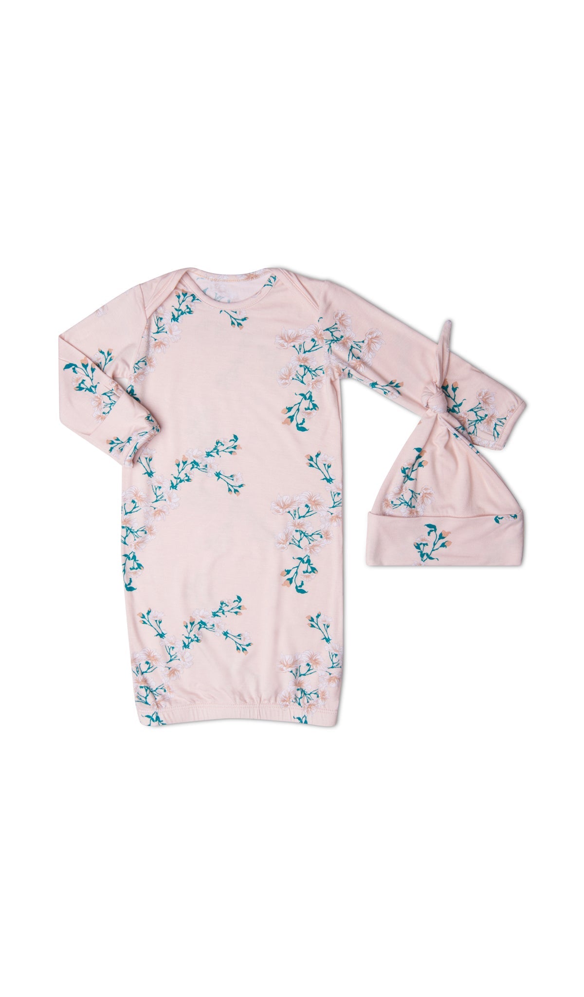 Lily Gown 2-Piece with long sleeve baby gown and matching knotted hat.