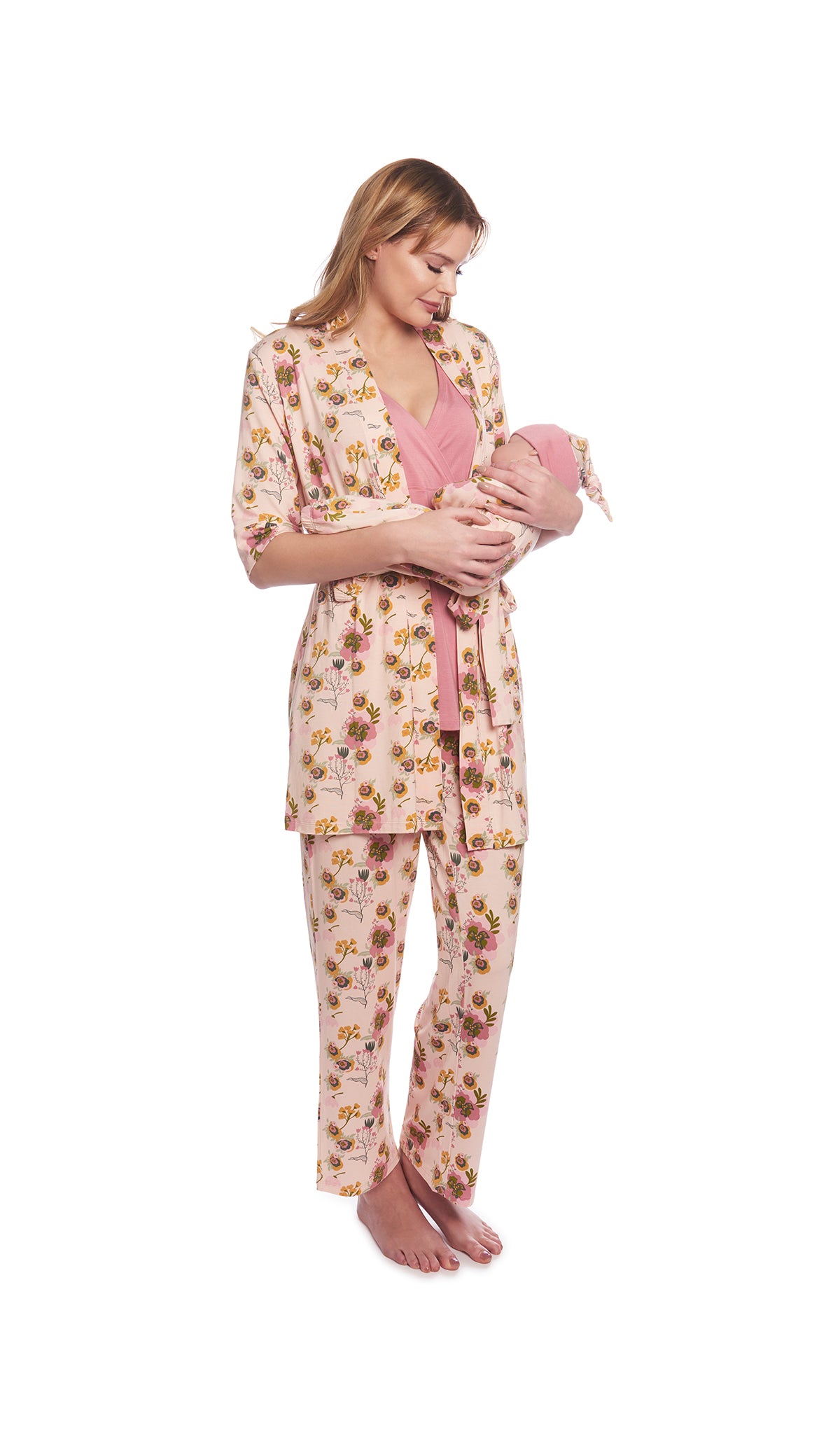 Camellia Analise 5-Piece Set. Woman wearing 3/4 sleeve robe, tank top and pant while holding a baby wearing baby gown and knotted baby hat.