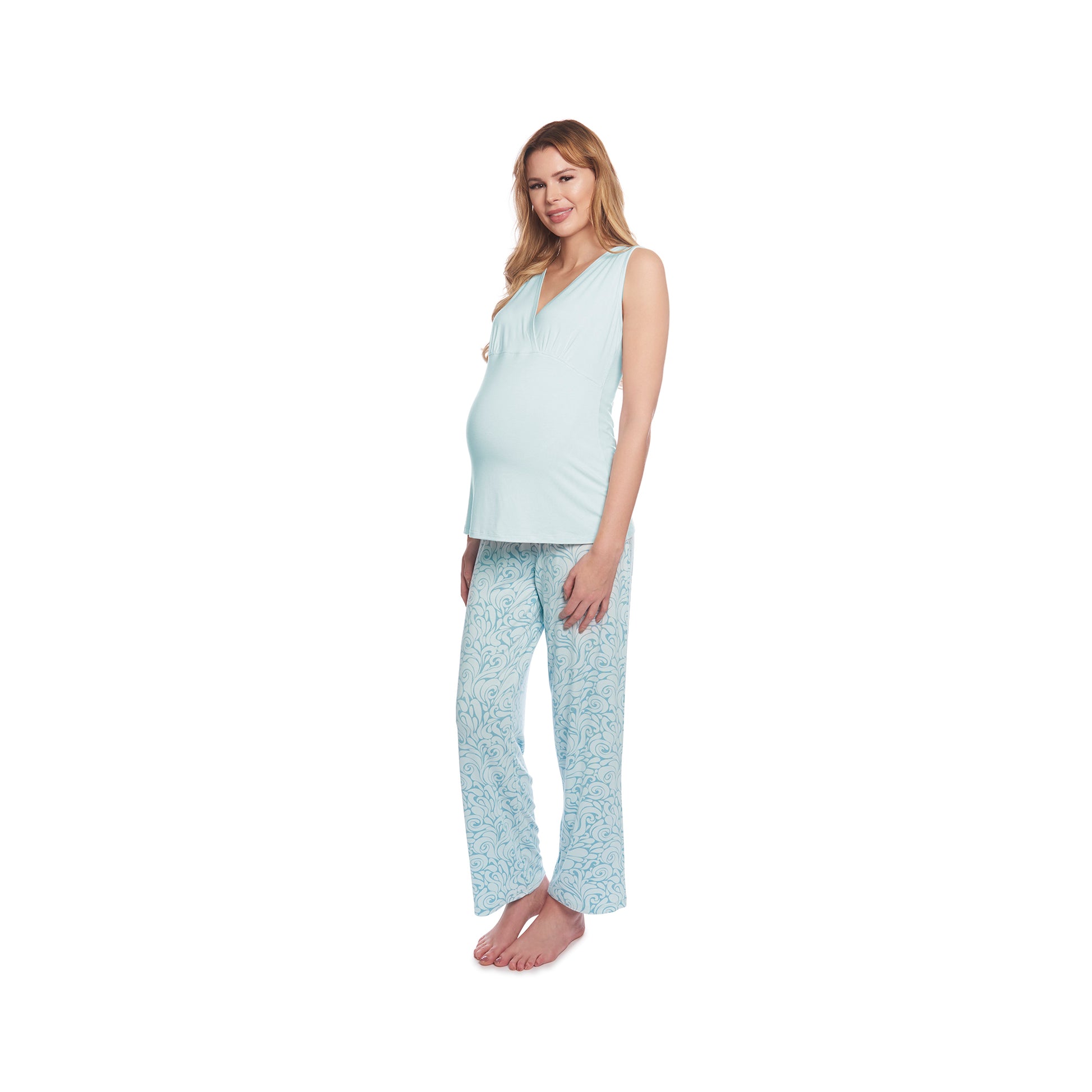 Waves Analise 3-Piece Set, pregnant woman wearing criss-cross bust tank top and pant.