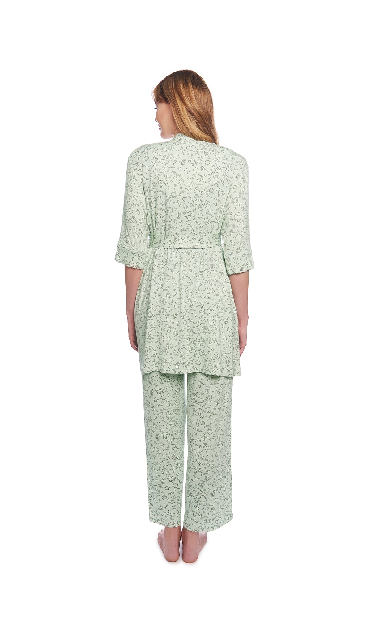 Sage Doodle Analise 5-Piece Set, back shot of woman wearing robe and pant.