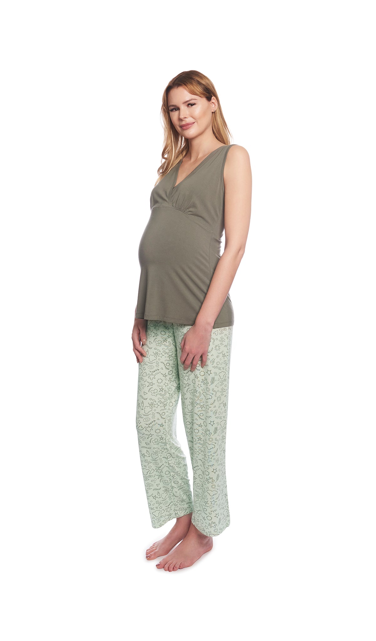Sage Doodle Analise 3-Piece Set, pregnant woman wearing criss-cross bust tank top and pant.