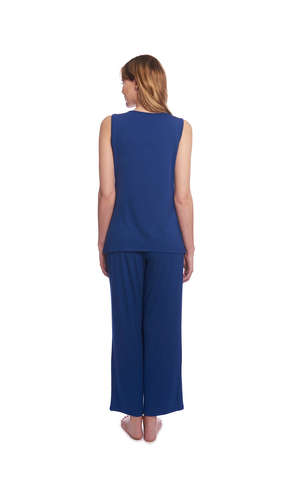 Denim Blue Analise 3-Piece Set, back shot of woman wearing tank top and pant.
